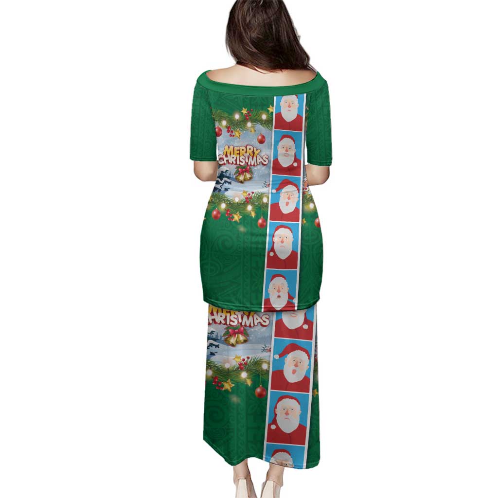 Merry Christmas Family Matching Puletasi and Hawaiian Shirt Funny Santa Claus Cards Photo and Polynesian Pattern Green Color LT03 - Polynesian Pride