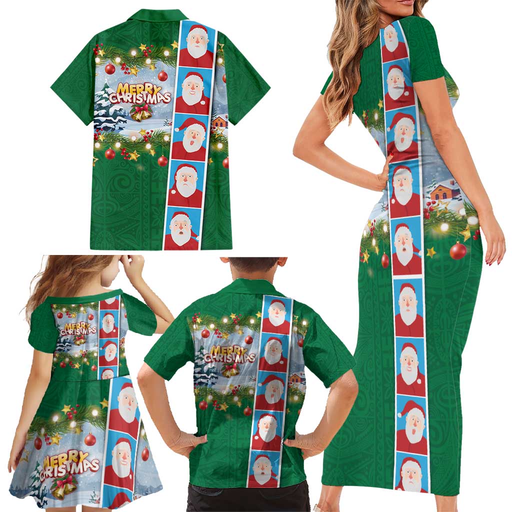 Merry Christmas Family Matching Short Sleeve Bodycon Dress and Hawaiian Shirt Funny Santa Claus Cards Photo and Polynesian Pattern Green Color LT03 - Polynesian Pride