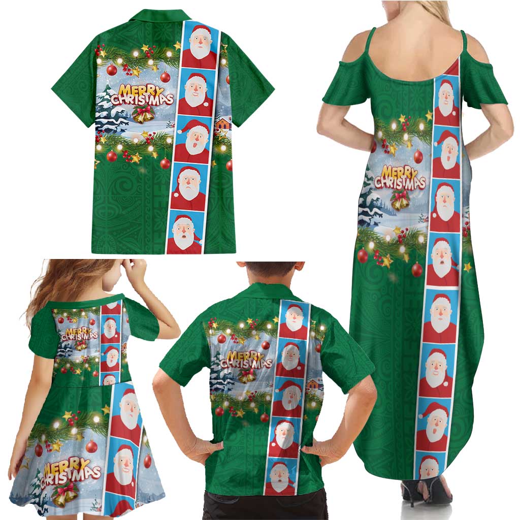 Merry Christmas Family Matching Summer Maxi Dress and Hawaiian Shirt Funny Santa Claus Cards Photo and Polynesian Pattern Green Color LT03 - Polynesian Pride