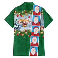 Merry Christmas Hawaiian Shirt Funny Santa Claus Cards Photo and Polynesian Pattern Green Color