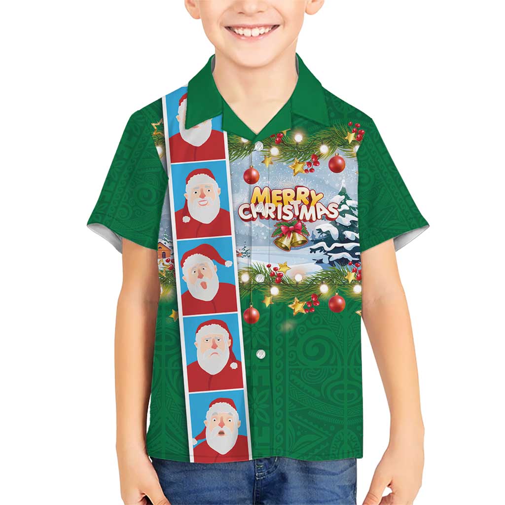Merry Christmas Hawaiian Shirt Funny Santa Claus Cards Photo and Polynesian Pattern Green Color