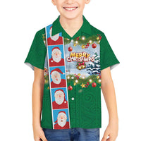 Merry Christmas Hawaiian Shirt Funny Santa Claus Cards Photo and Polynesian Pattern Green Color