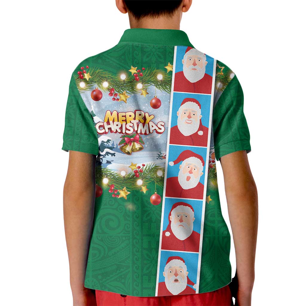 Merry Christmas Kid Polo Shirt Funny Santa Claus Cards Photo and Polynesian Pattern Green Color