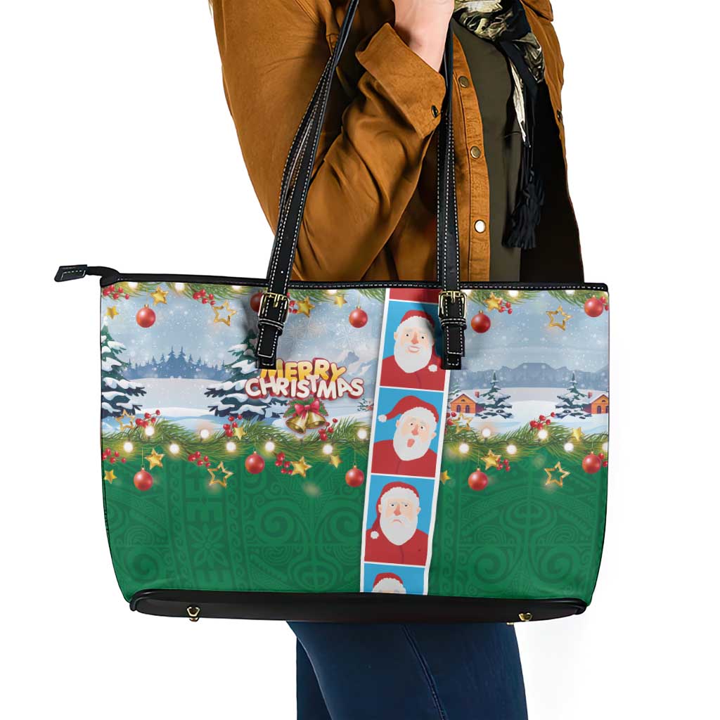 Merry Christmas Leather Tote Bag Funny Santa Claus Cards Photo and Polynesian Pattern Green Color