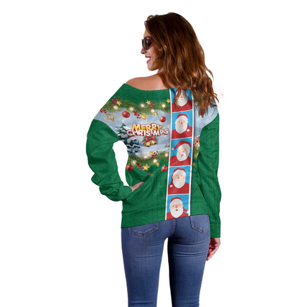 Merry Christmas Off Shoulder Sweater Funny Santa Claus Cards Photo and Polynesian Pattern Green Color