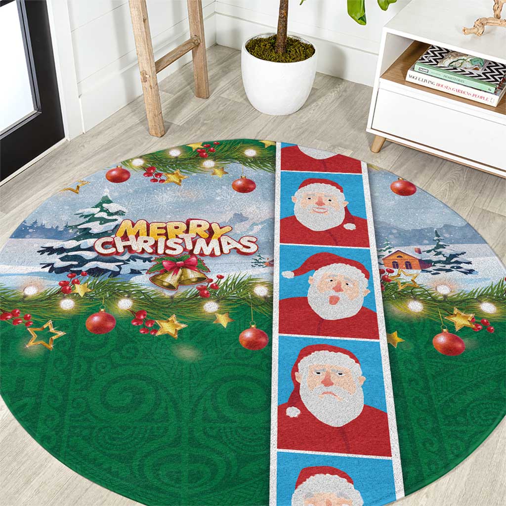 Merry Christmas Round Carpet Funny Santa Claus Cards Photo and Polynesian Pattern Green Color LT03 Green - Polynesian Pride