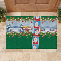 Merry Christmas Rubber Doormat Funny Santa Claus Cards Photo and Polynesian Pattern Green Color