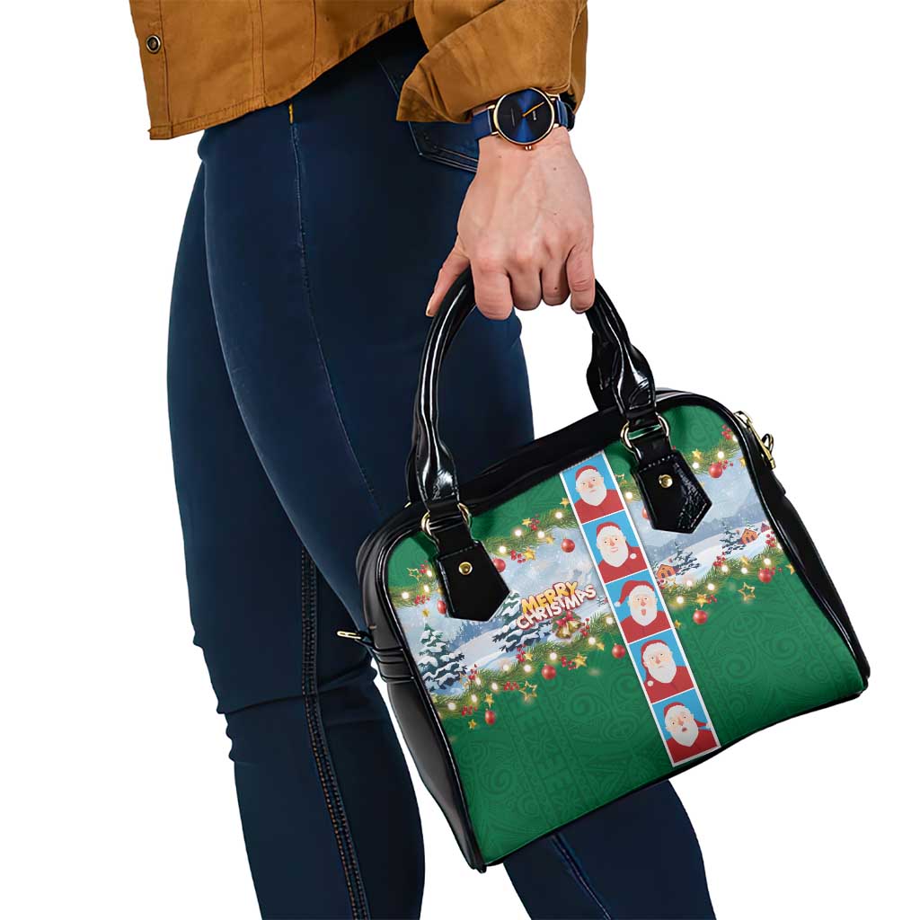 Merry Christmas Shoulder Handbag Funny Santa Claus Cards Photo and Polynesian Pattern Green Color