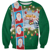 Merry Christmas Sweatshirt Funny Santa Claus Cards Photo and Polynesian Pattern Green Color