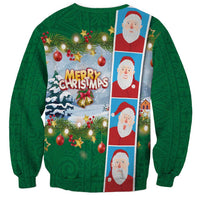 Merry Christmas Sweatshirt Funny Santa Claus Cards Photo and Polynesian Pattern Green Color