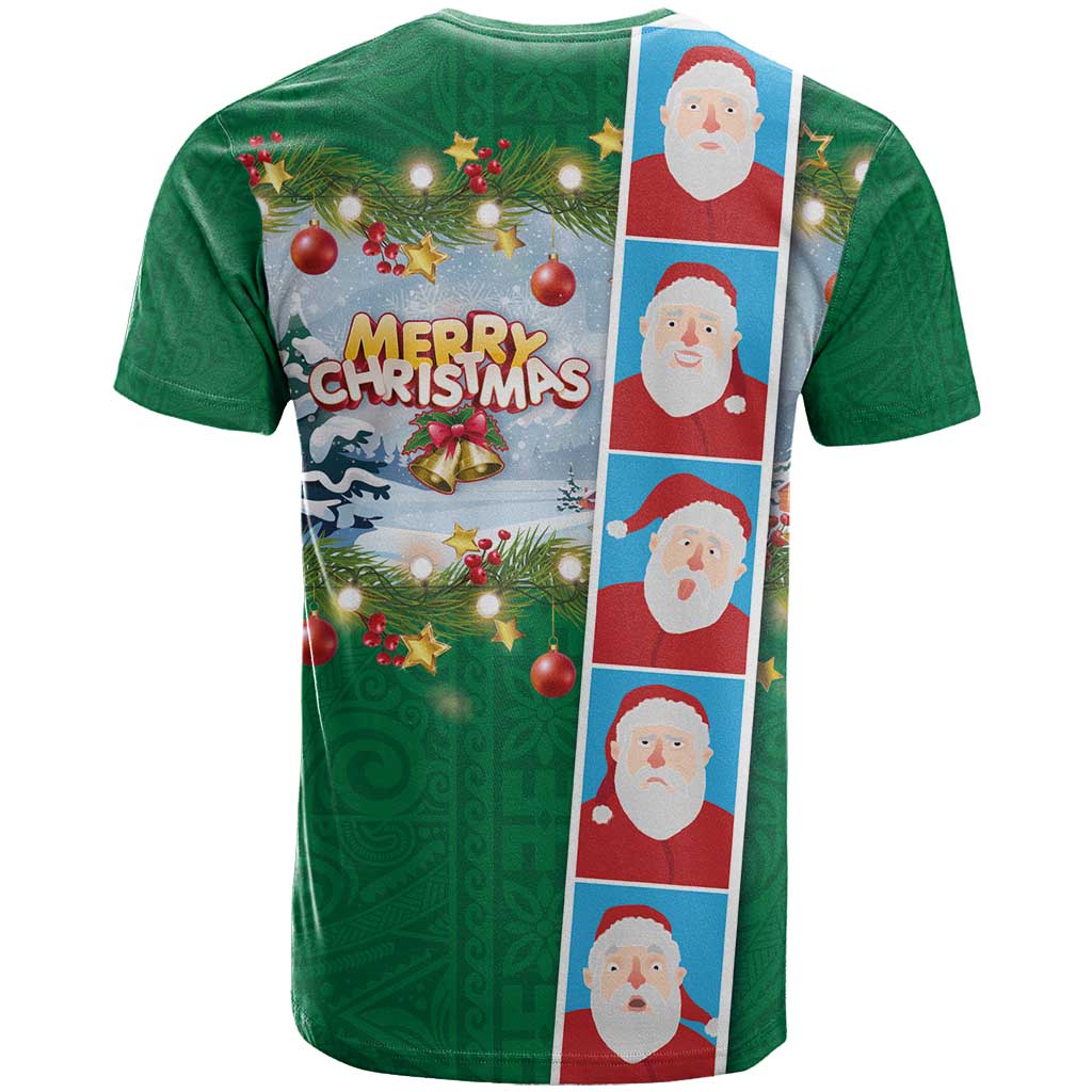 Merry Christmas T Shirt Funny Santa Claus Cards Photo and Polynesian Pattern Green Color