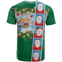 Merry Christmas T Shirt Funny Santa Claus Cards Photo and Polynesian Pattern Green Color