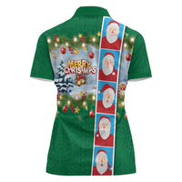 Merry Christmas Women Polo Shirt Funny Santa Claus Cards Photo and Polynesian Pattern Green Color LT03 - Polynesian Pride