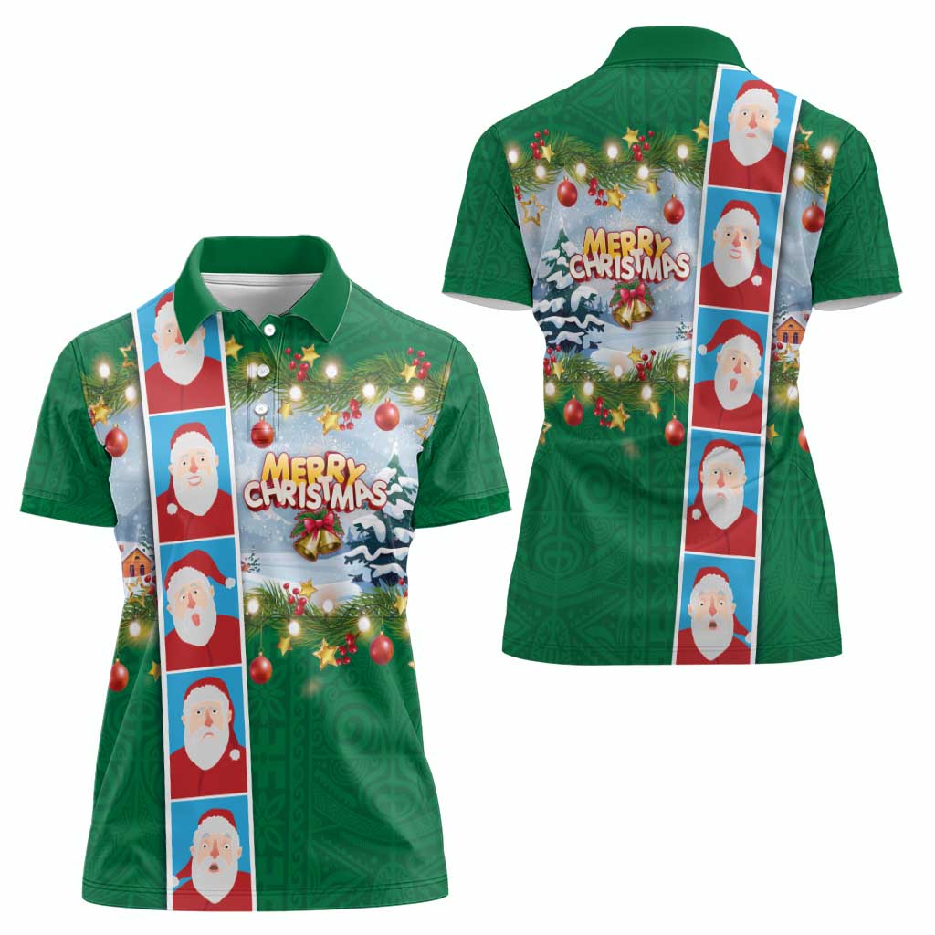 Merry Christmas Women Polo Shirt Funny Santa Claus Cards Photo and Polynesian Pattern Green Color LT03 - Polynesian Pride
