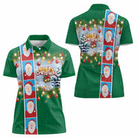 Merry Christmas Women Polo Shirt Funny Santa Claus Cards Photo and Polynesian Pattern Green Color LT03 - Polynesian Pride