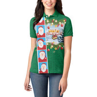 Merry Christmas Women Polo Shirt Funny Santa Claus Cards Photo and Polynesian Pattern Green Color LT03 - Polynesian Pride