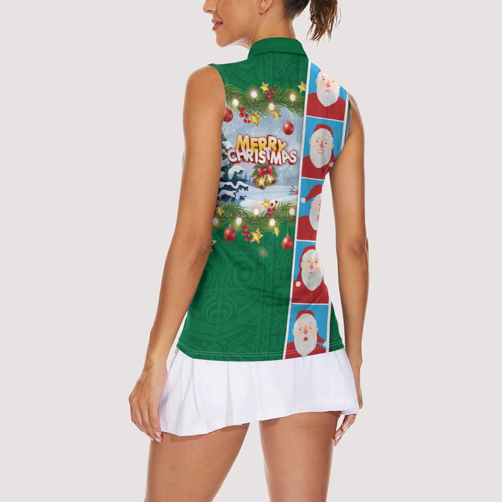 Merry Christmas Women Sleeveless Polo Shirt Funny Santa Claus Cards Photo and Polynesian Pattern Green Color