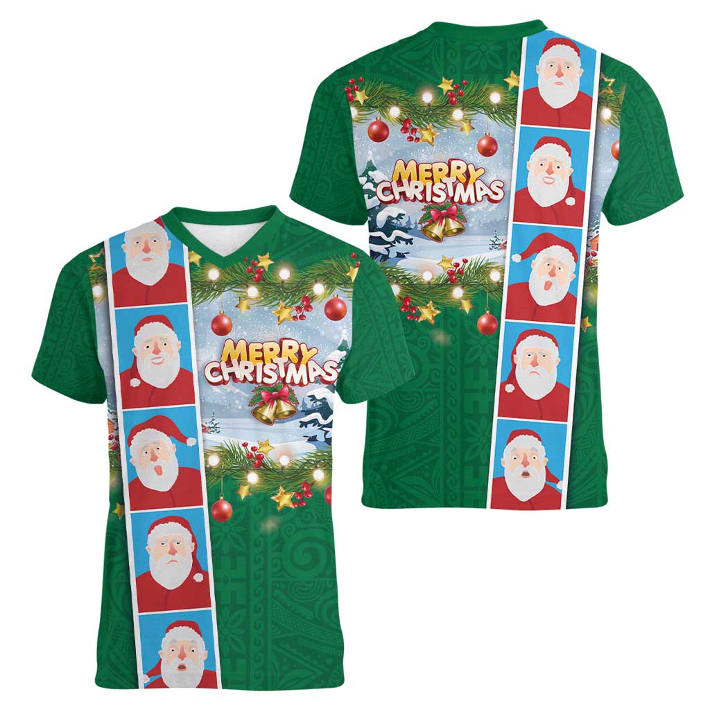 Merry Christmas Women V-Neck T-Shirt Funny Santa Claus Cards Photo and Polynesian Pattern Green Color