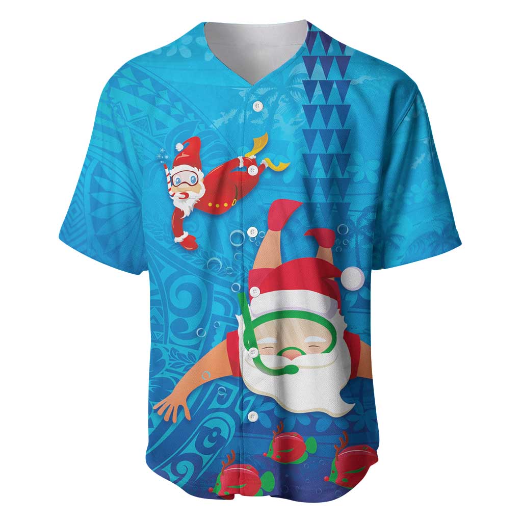 Hawaiian Santa Claus Snorkeling Baseball Jersey Kakau and Polynesian Pattern LT03 Blue - Polynesian Pride