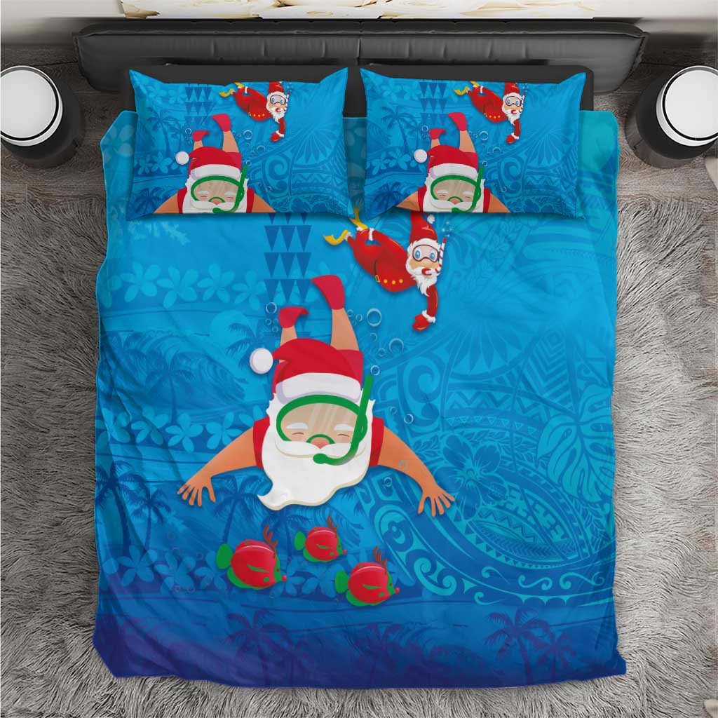 Hawaiian Santa Claus Snorkeling Bedding Set Kakau and Polynesian Pattern LT03 Blue - Polynesian Pride