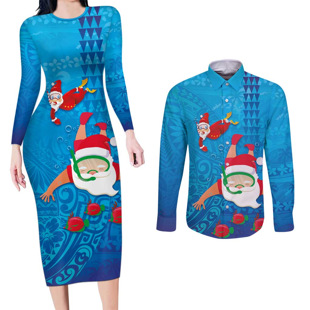 Hawaiian Santa Claus Snorkeling Couples Matching Long Sleeve Bodycon Dress and Long Sleeve Button Shirt Kakau and Polynesian Pattern LT03 Blue - Polynesian Pride