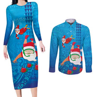 Hawaiian Santa Claus Snorkeling Couples Matching Long Sleeve Bodycon Dress and Long Sleeve Button Shirt Kakau and Polynesian Pattern LT03 Blue - Polynesian Pride