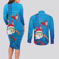 Hawaiian Santa Claus Snorkeling Couples Matching Long Sleeve Bodycon Dress and Long Sleeve Button Shirt Kakau and Polynesian Pattern LT03 - Polynesian Pride