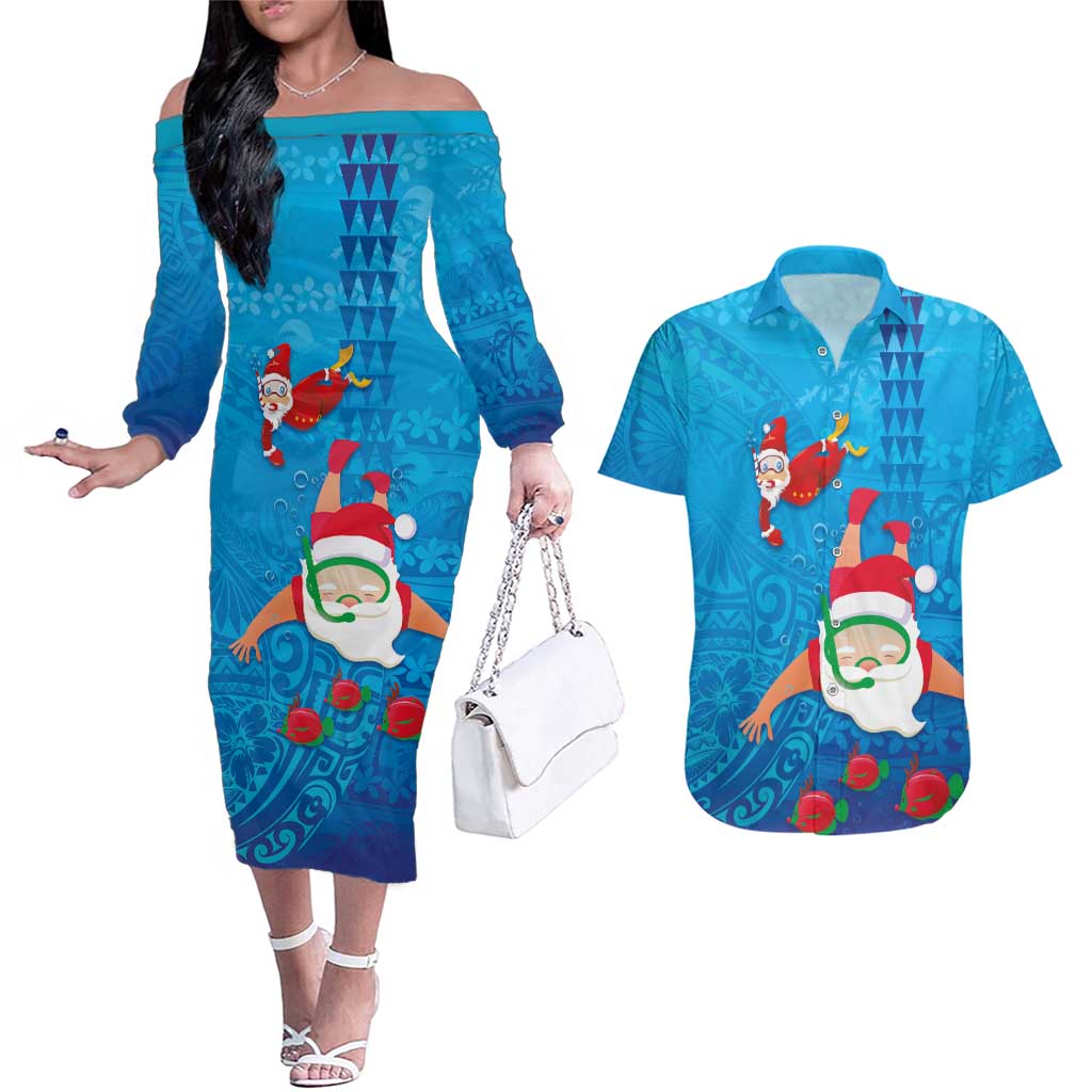 Hawaiian Santa Claus Snorkeling Couples Matching Off The Shoulder Long Sleeve Dress and Hawaiian Shirt Kakau and Polynesian Pattern LT03 Blue - Polynesian Pride