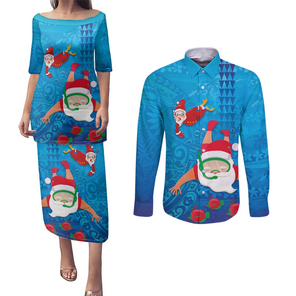 Hawaiian Santa Claus Snorkeling Couples Matching Puletasi and Long Sleeve Button Shirt Kakau and Polynesian Pattern LT03 Blue - Polynesian Pride