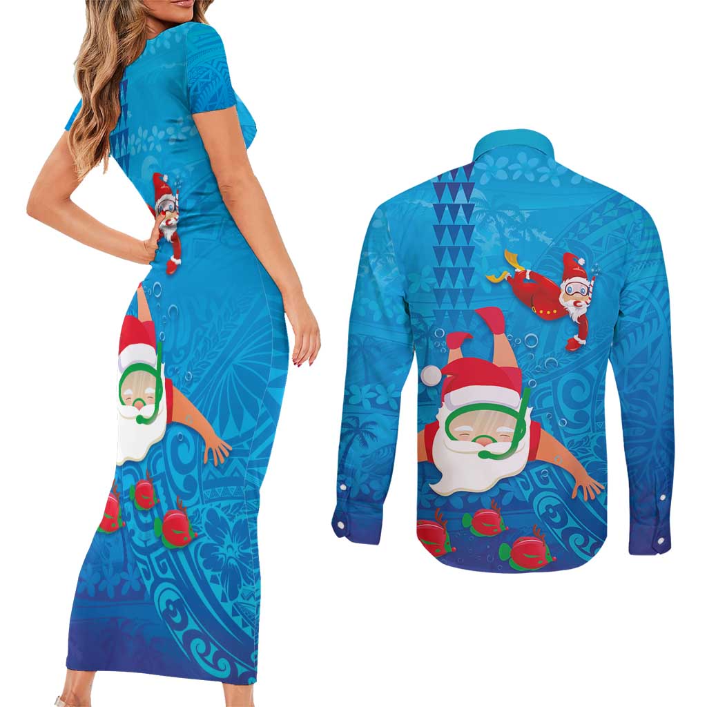 Hawaiian Santa Claus Snorkeling Couples Matching Short Sleeve Bodycon Dress and Long Sleeve Button Shirt Kakau and Polynesian Pattern LT03 - Polynesian Pride