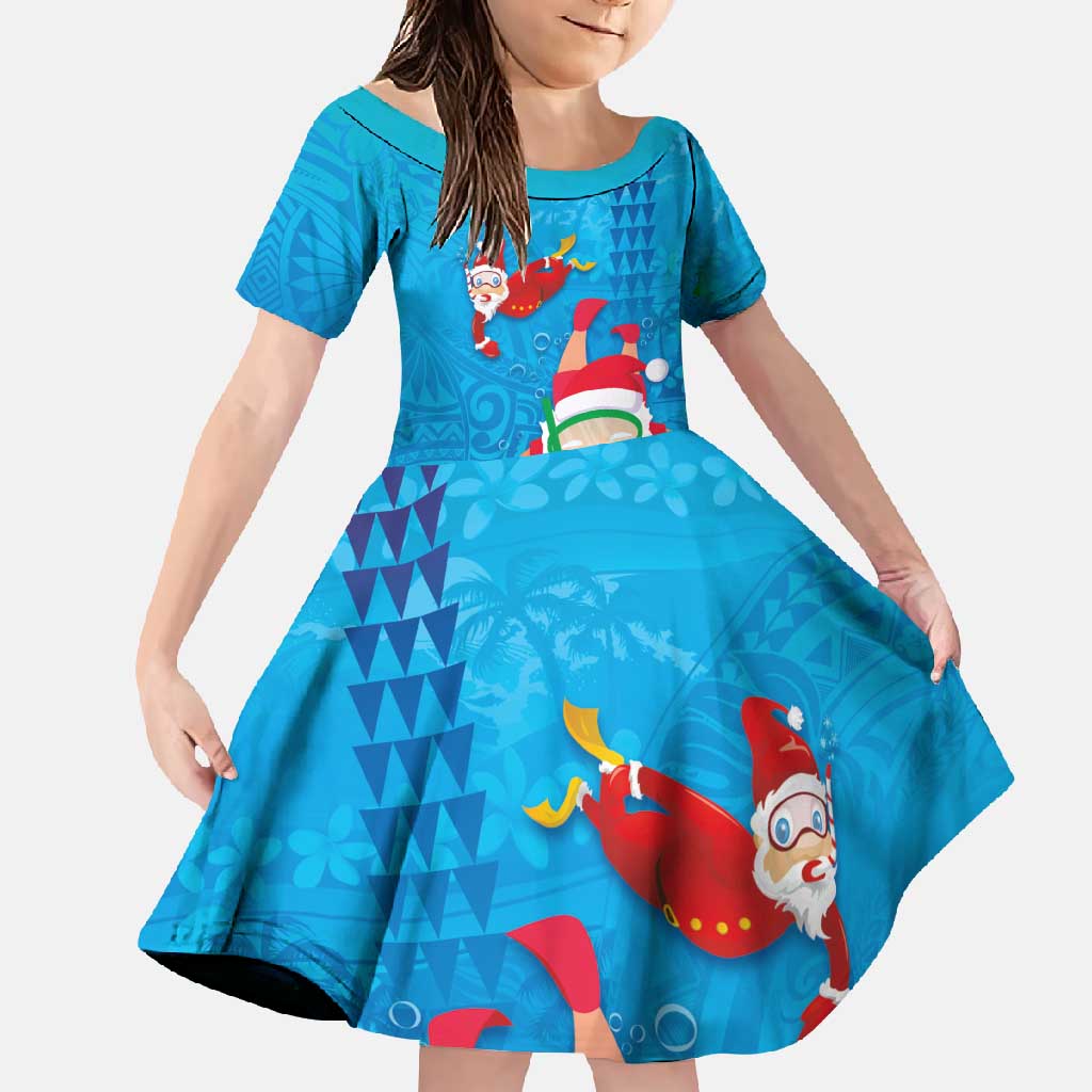 Hawaiian Santa Claus Snorkeling Family Matching Long Sleeve Bodycon Dress and Hawaiian Shirt Kakau and Polynesian Pattern LT03 Daughter's Dress Blue - Polynesian Pride