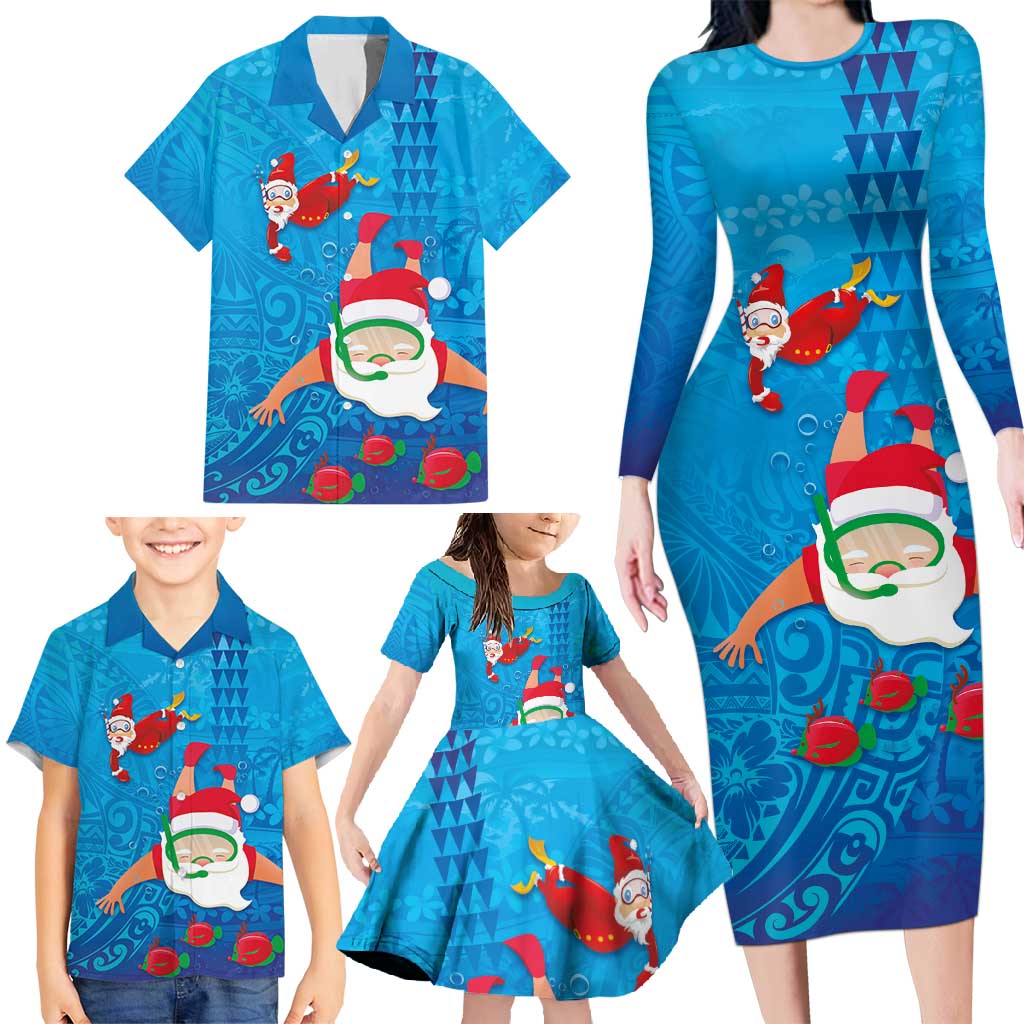 Hawaiian Santa Claus Snorkeling Family Matching Long Sleeve Bodycon Dress and Hawaiian Shirt Kakau and Polynesian Pattern LT03 - Polynesian Pride