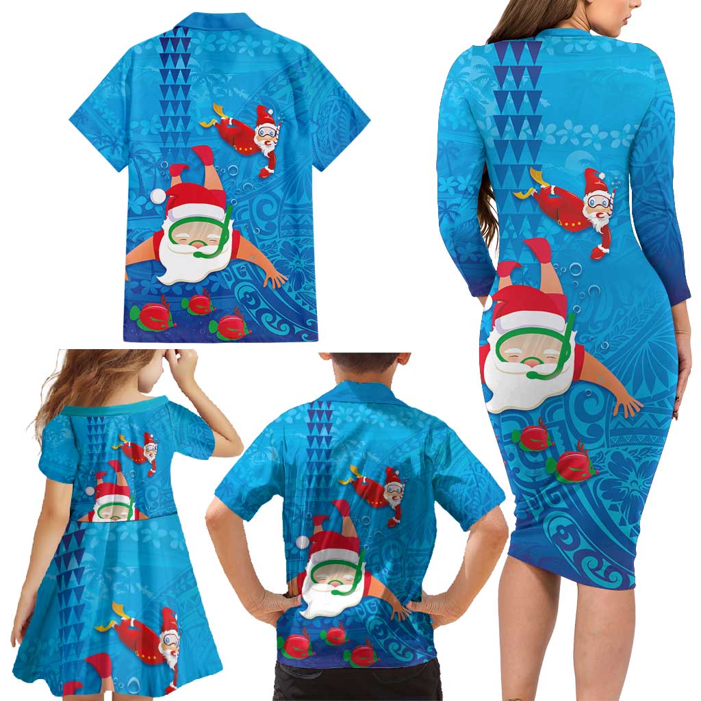 Hawaiian Santa Claus Snorkeling Family Matching Long Sleeve Bodycon Dress and Hawaiian Shirt Kakau and Polynesian Pattern LT03 - Polynesian Pride