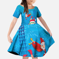 Hawaiian Santa Claus Snorkeling Family Matching Mermaid Dress and Hawaiian Shirt Kakau and Polynesian Pattern LT03 Daughter's Dress Blue - Polynesian Pride
