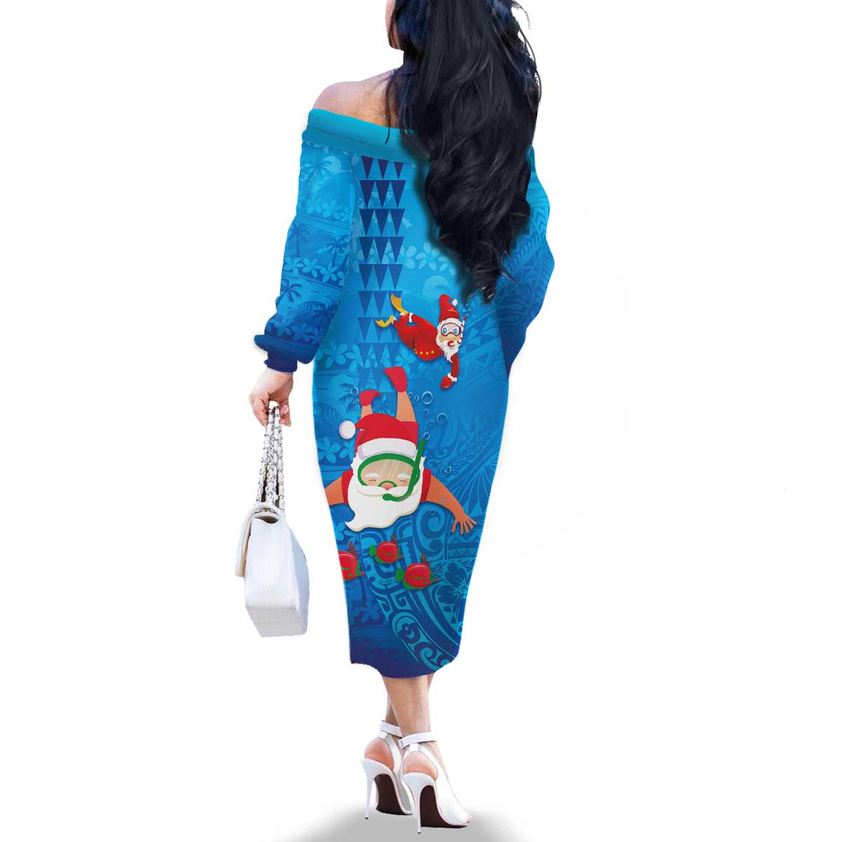 Hawaiian Santa Claus Snorkeling Family Matching Off The Shoulder Long Sleeve Dress and Hawaiian Shirt Kakau and Polynesian Pattern LT03 - Polynesian Pride