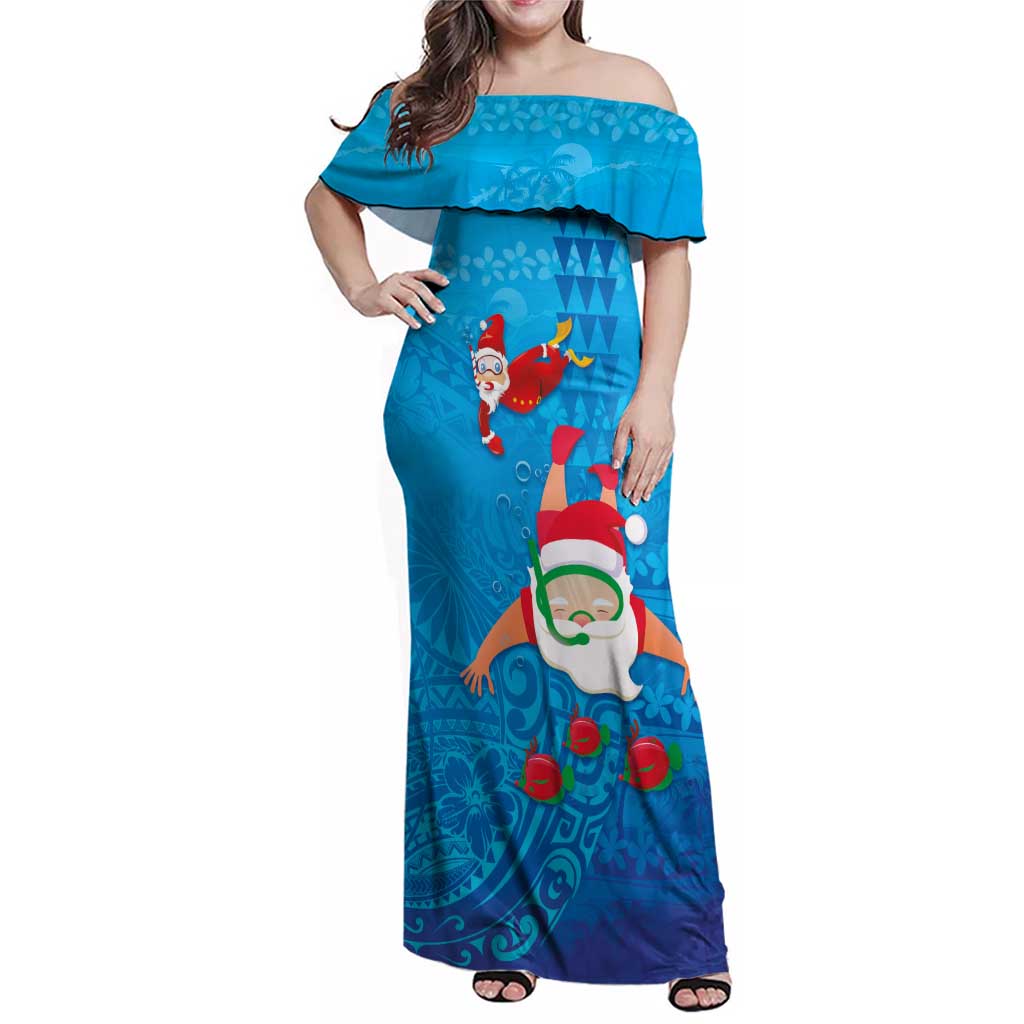 Hawaiian Santa Claus Snorkeling Family Matching Off Shoulder Maxi Dress and Hawaiian Shirt Kakau and Polynesian Pattern LT03 Mom's Dress Blue - Polynesian Pride