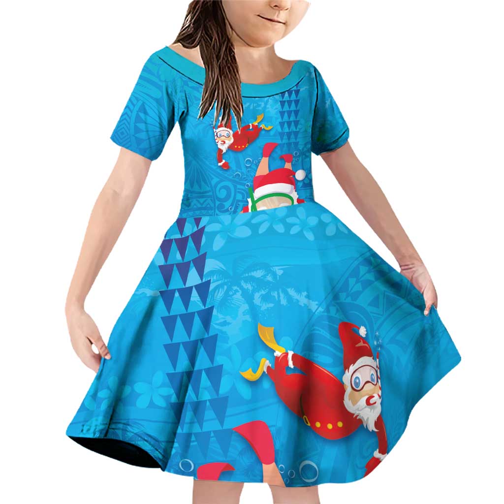 Hawaiian Santa Claus Snorkeling Family Matching Off Shoulder Short Dress and Hawaiian Shirt Kakau and Polynesian Pattern LT03 Daughter's Dress Blue - Polynesian Pride