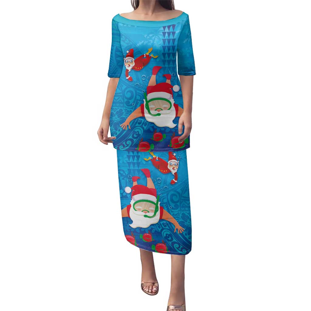 Hawaiian Santa Claus Snorkeling Family Matching Puletasi and Hawaiian Shirt Kakau and Polynesian Pattern LT03 Mom's Dress Blue - Polynesian Pride