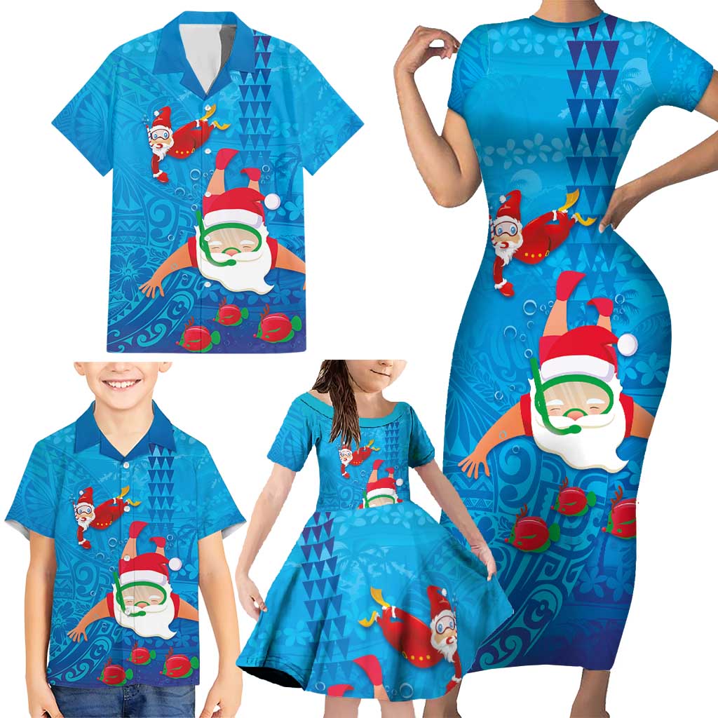 Hawaiian Santa Claus Snorkeling Family Matching Short Sleeve Bodycon Dress and Hawaiian Shirt Kakau and Polynesian Pattern LT03 - Polynesian Pride
