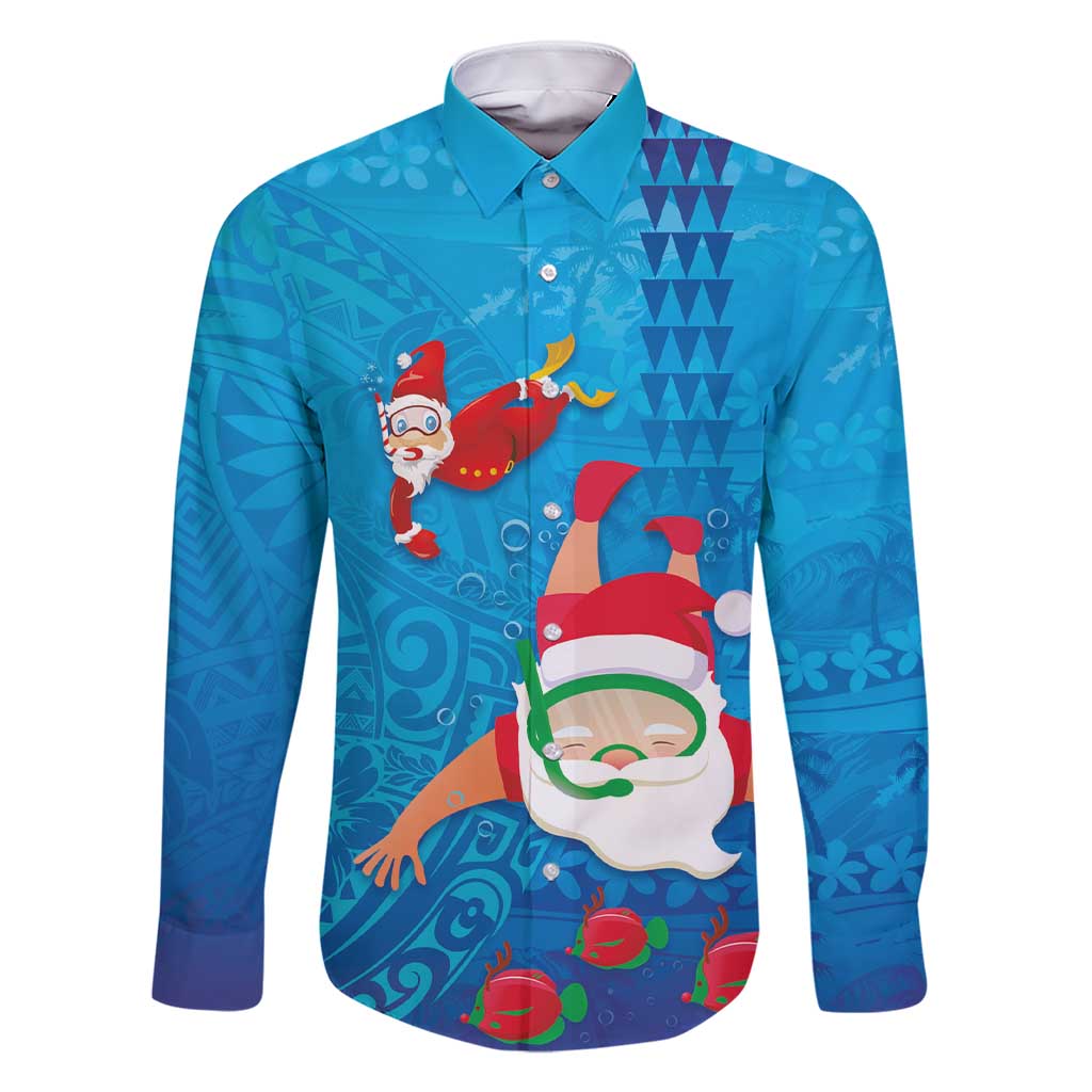 Hawaiian Santa Claus Snorkeling Family Matching Short Sleeve Bodycon Dress and Hawaiian Shirt Kakau and Polynesian Pattern LT03 Dad's Shirt - Long Sleeve Blue - Polynesian Pride