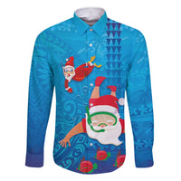 Hawaiian Santa Claus Snorkeling Family Matching Short Sleeve Bodycon Dress and Hawaiian Shirt Kakau and Polynesian Pattern LT03 Dad's Shirt - Long Sleeve Blue - Polynesian Pride