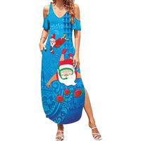Hawaiian Santa Claus Snorkeling Family Matching Summer Maxi Dress and Hawaiian Shirt Kakau and Polynesian Pattern LT03 Mom's Dress Blue - Polynesian Pride