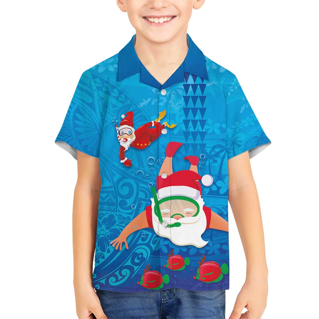 Hawaiian Santa Claus Snorkeling Family Matching Summer Maxi Dress and Hawaiian Shirt Kakau and Polynesian Pattern LT03 Son's Shirt Blue - Polynesian Pride
