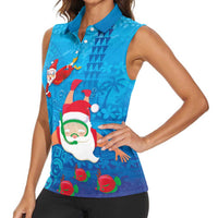 Hawaiian Santa Claus Snorkeling Women Sleeveless Polo Shirt Kakau and Polynesian Pattern