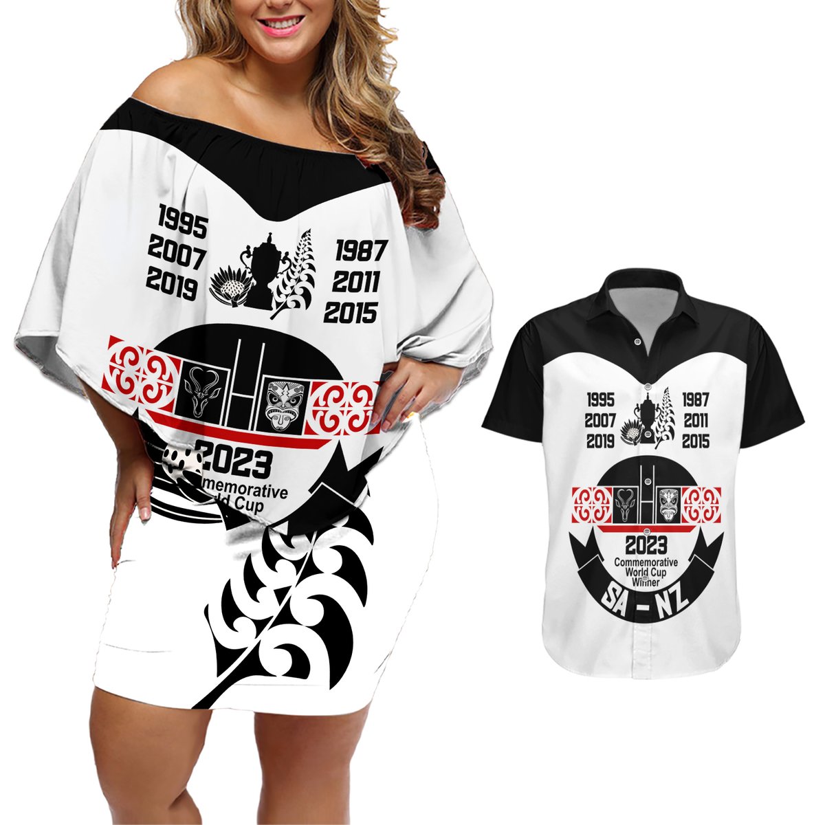South Africa and New Zealand Couples Matching Off Shoulder Short Dress and Hawaiian Shirt Champion History Go Final 2023 Vintage Style LT03 White - Polynesian Pride