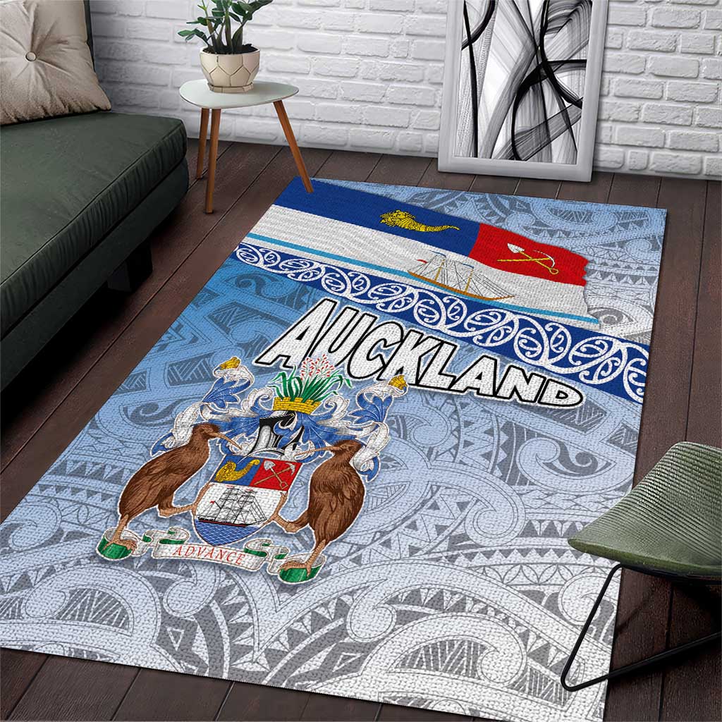 New Zealand Auckland Area Rug Auckland's Flag and Coat of Arms - Koru Art Maori Pattern LT03 Light Blue - Polynesian Pride