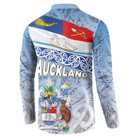 New Zealand Auckland Button Sweatshirt Auckland's Flag and Coat of Arms - Koru Art Maori Pattern