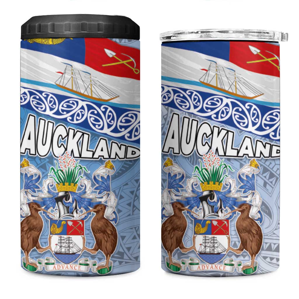 New Zealand Auckland 4 in 1 Can Cooler Tumbler Auckland's Flag and Coat of Arms - Koru Art Maori Pattern LT03 One Size: 16 oz Light Blue - Polynesian Pride