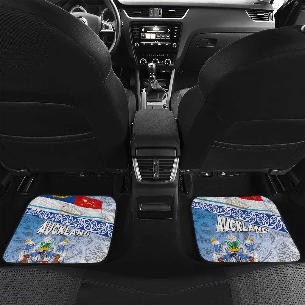 New Zealand Auckland Car Mats Auckland's Flag and Coat of Arms - Koru Art Maori Pattern LT03 Set 2pcs - Back Light Blue - Polynesian Pride