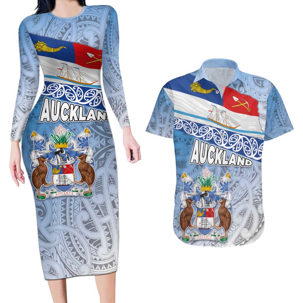 New Zealand Auckland Couples Matching Long Sleeve Bodycon Dress and Hawaiian Shirt Auckland's Flag and Coat of Arms - Koru Art Maori Pattern LT03 Light Blue - Polynesian Pride